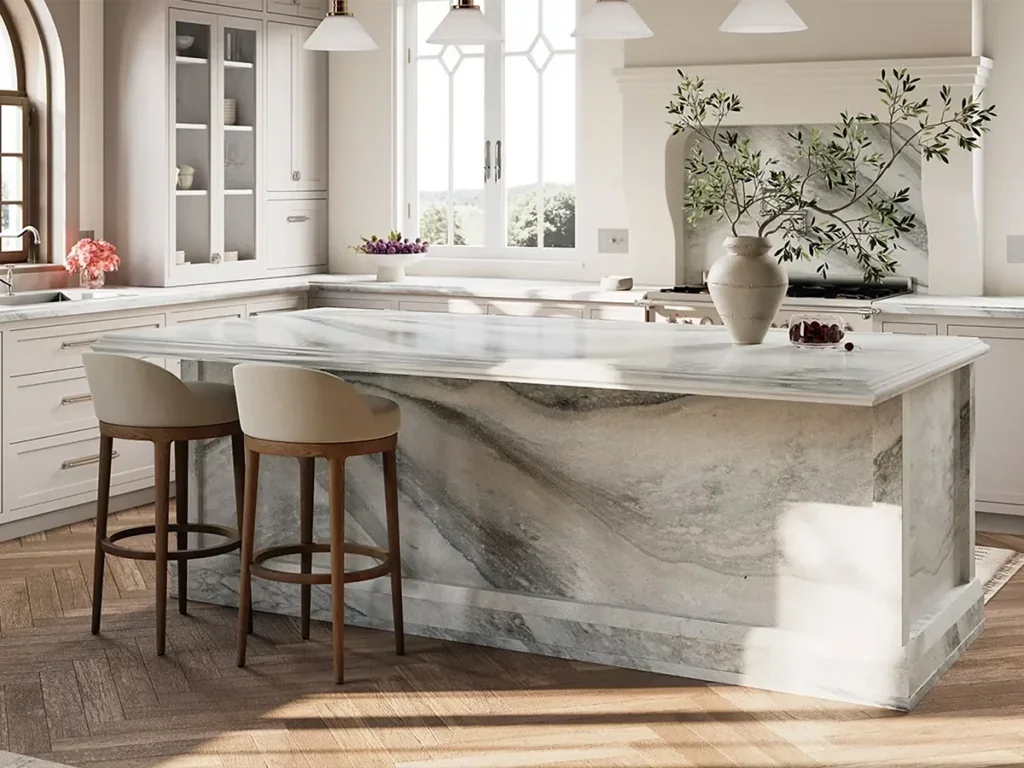Veined waterfall island wood stools in the AMF Granite gallery