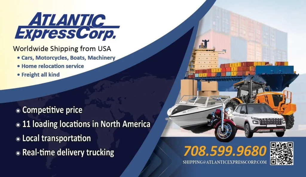 Atlantic Express worldwide shipping poster with vehicles and containers