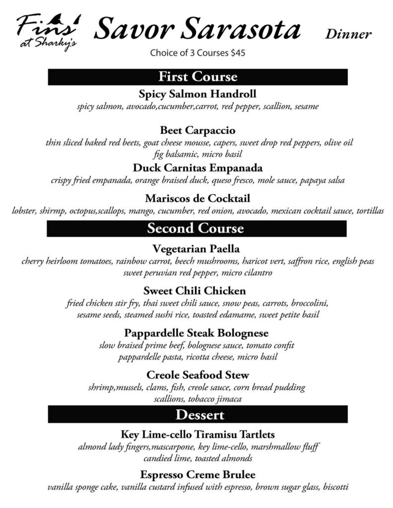 Archived Savor Sarasota dinner menu graphic; Fins at Sharky's gallery