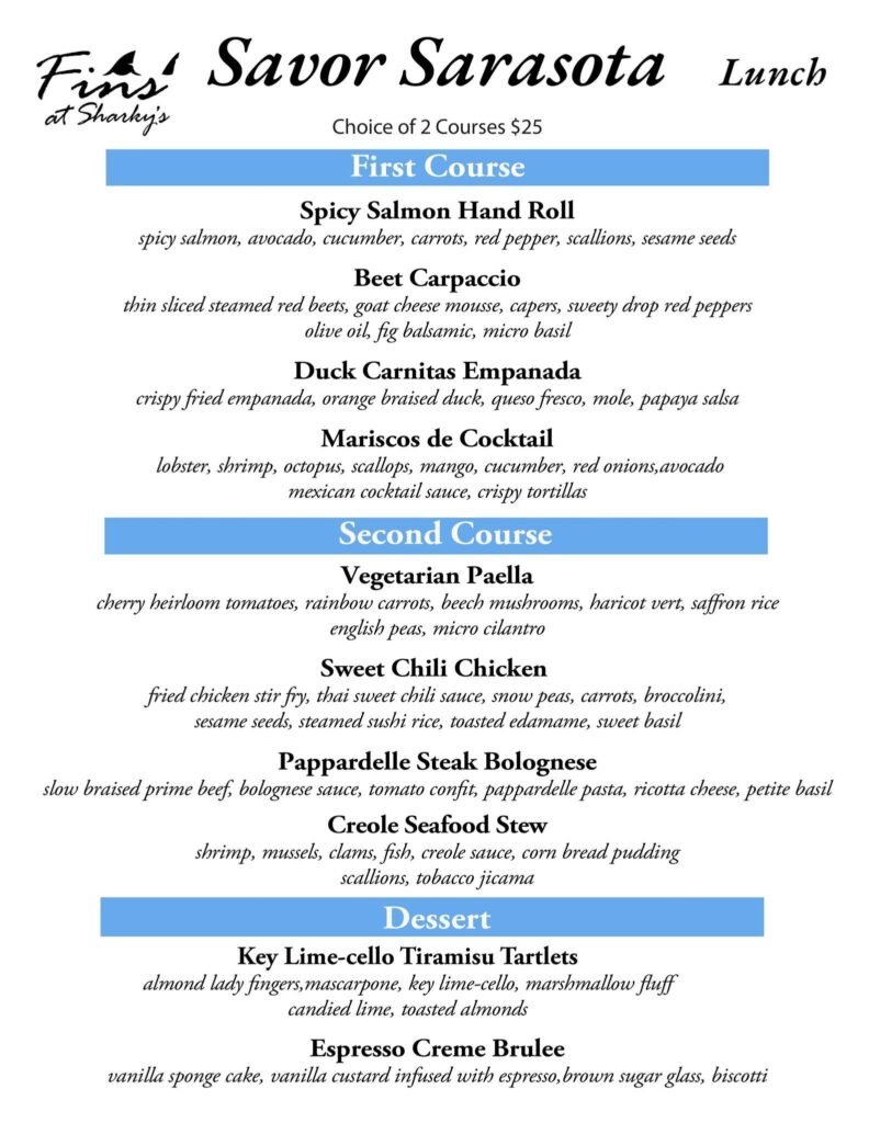 Archived Savor Sarasota lunch menu graphic; Fins at Sharky's gallery