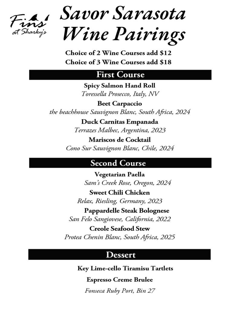 Archived Savor Sarasota wine pairing menu; Fins at Sharky's gallery