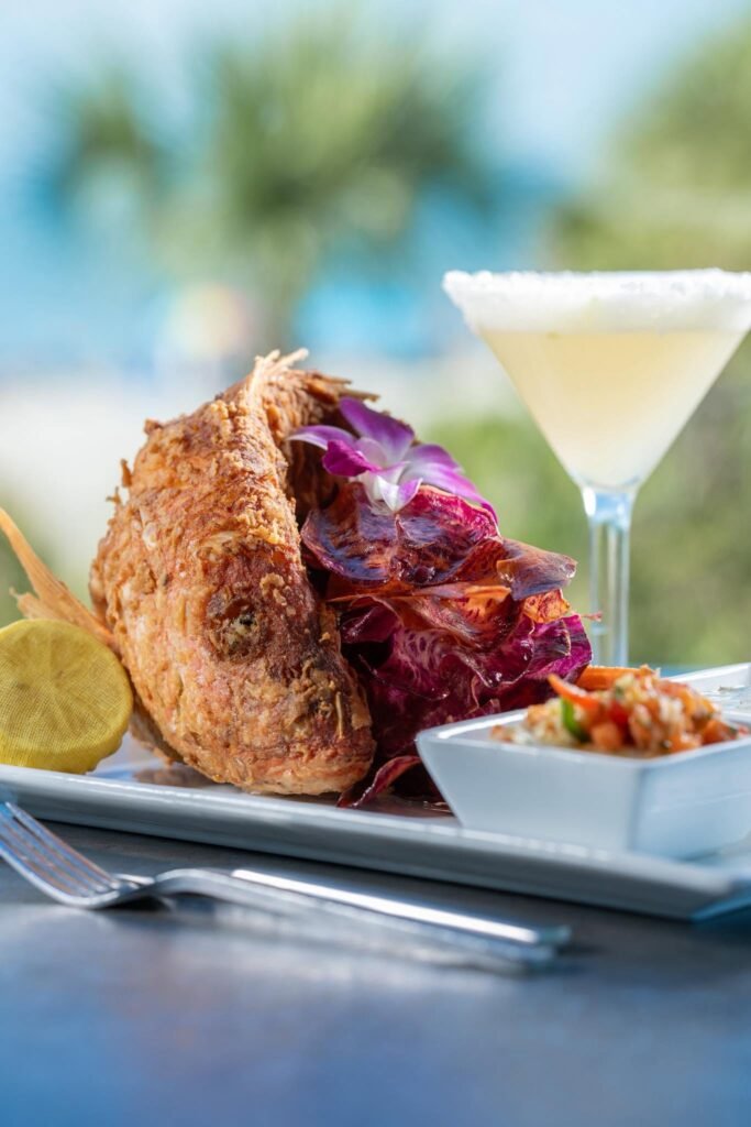 Crusted entree with slaw and a pale cocktail; Fins at Sharky's gallery