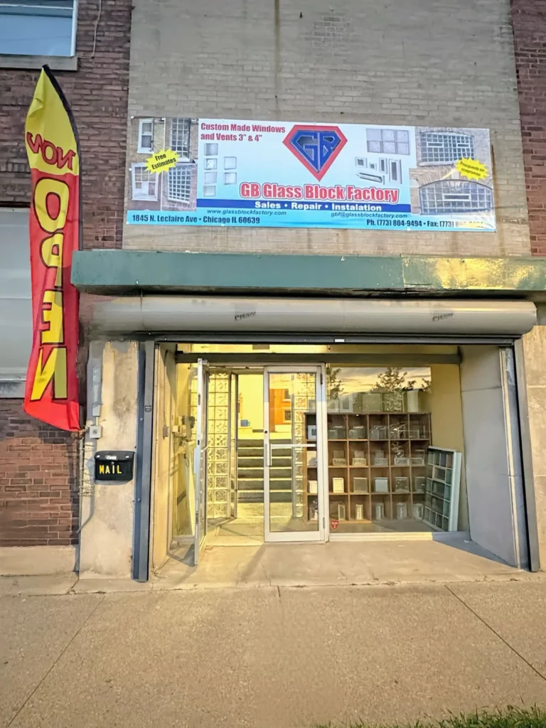 Glass Block Factory storefront on North Leclaire Avenue in Chicago