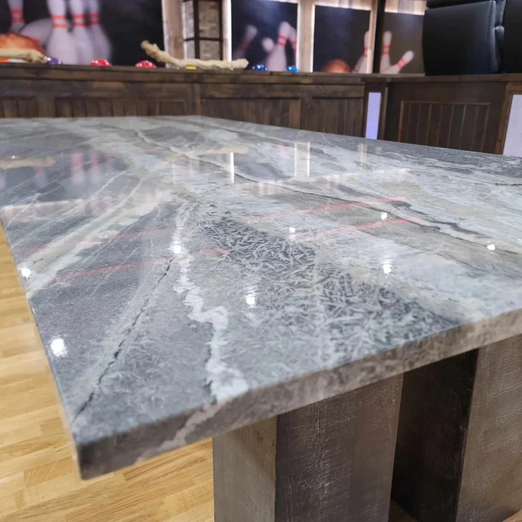 Gray veined counter detail in the Great Stone gallery