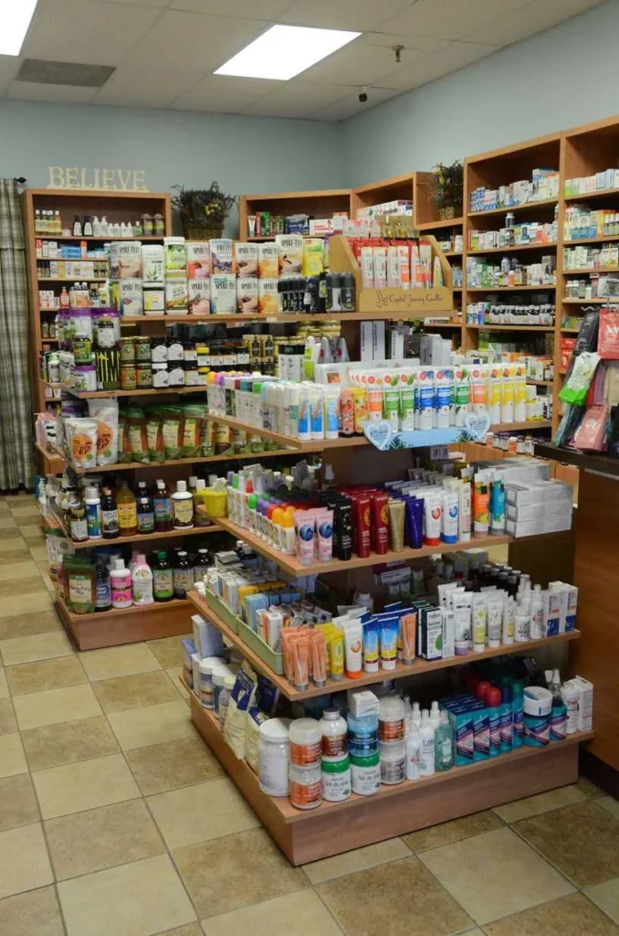 Product displays and aisle inside Herbovit Nutrition Center