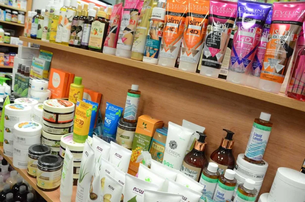 Personal care and packaged products on shelves at Herbovit Nutrition Center