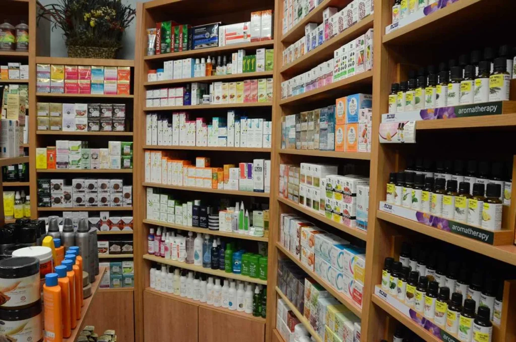 Wooden product shelves inside Herbovit Nutrition Center
