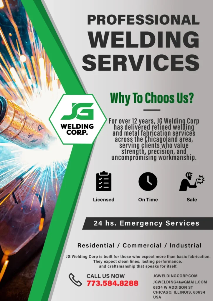 JG Welding Corp. promotional poster describing welding and metal fabrication