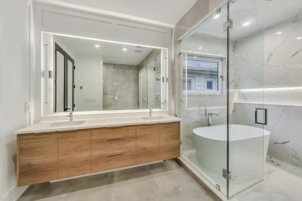 Floating wood vanity in the Kitchen and Bath Direct gallery