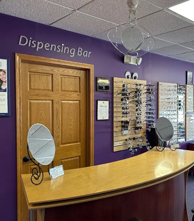 Optical dispensing counter and eyeglass displays at Look Sharp Eye Care