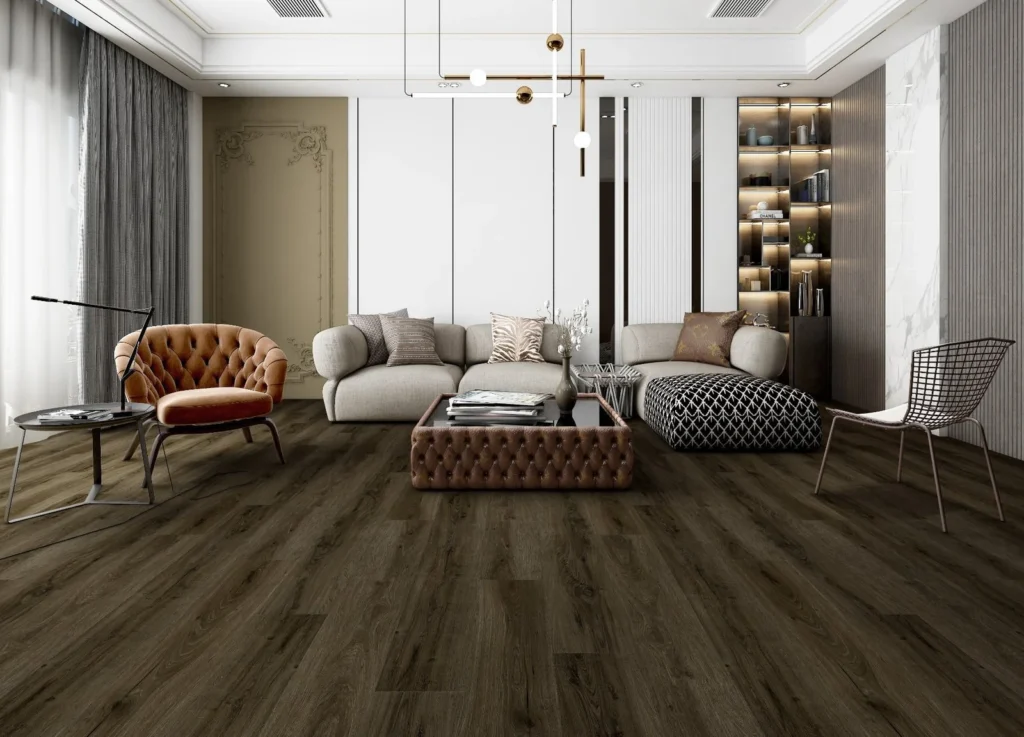 Brown vinyl flooring in a living room inspiration image from Moda Floors