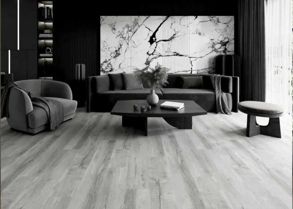 Gray vinyl floor in a living room product setting from Moda Floors