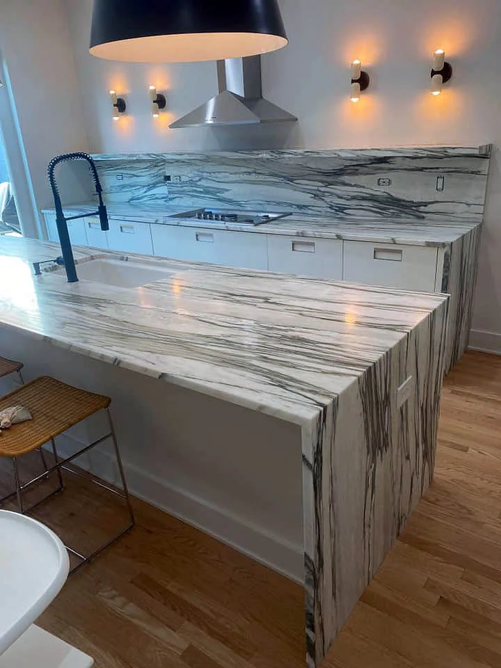 Gray veined waterfall island in the New Stone Design gallery