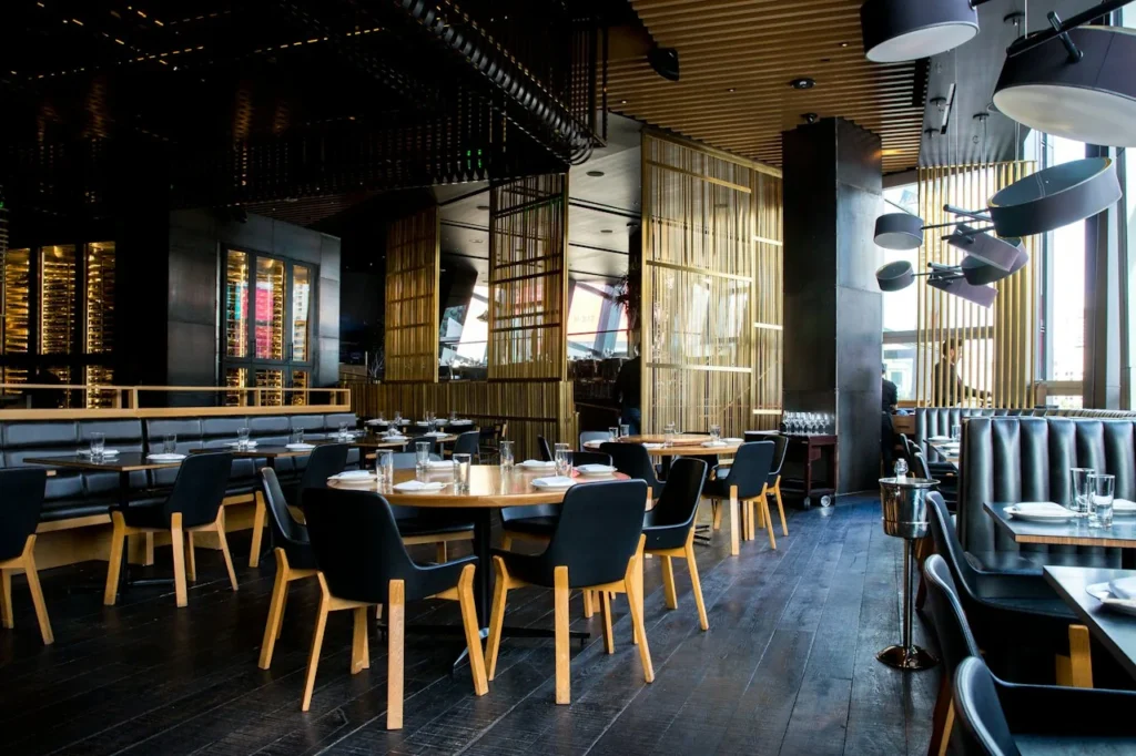 Restaurant dining room with tables and chairs