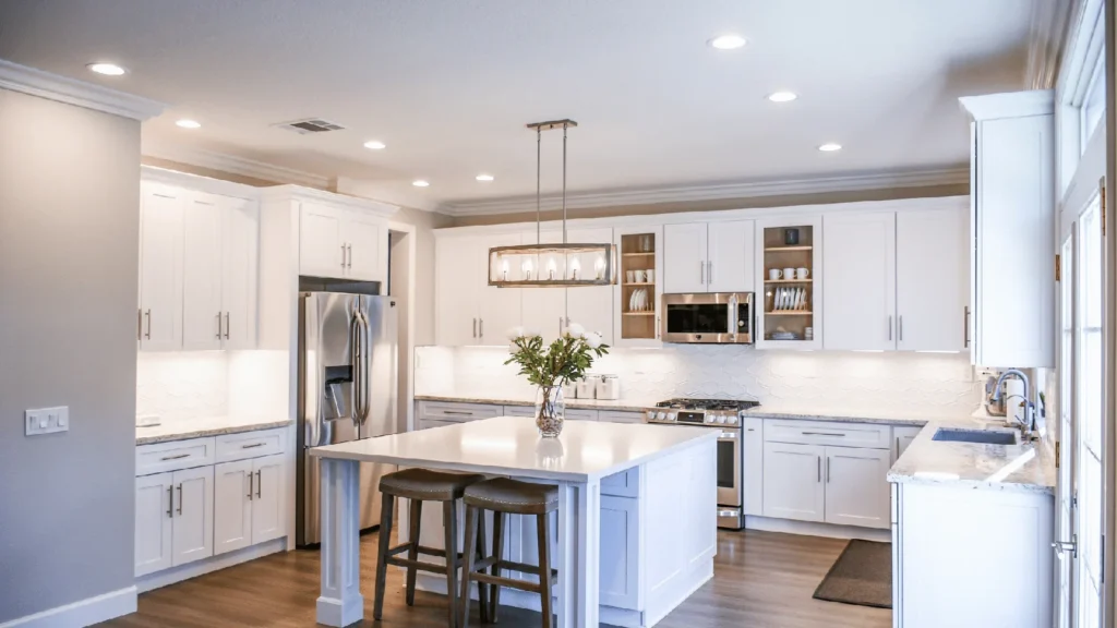 Kitchen cabinet and island example displayed by Rock Counter