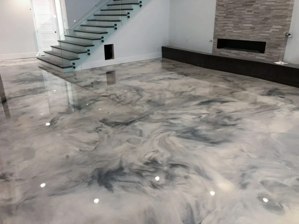 Gray metallic living room floor in the Royal Epoxy Coating gallery