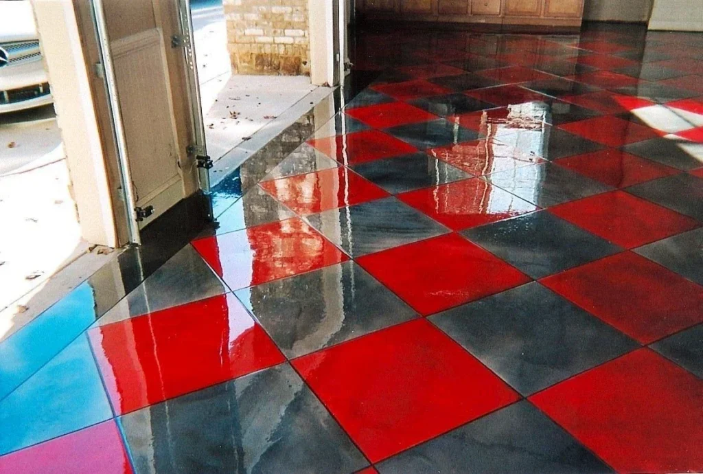 Red black checkerboard floor in the Royal Epoxy Coating gallery