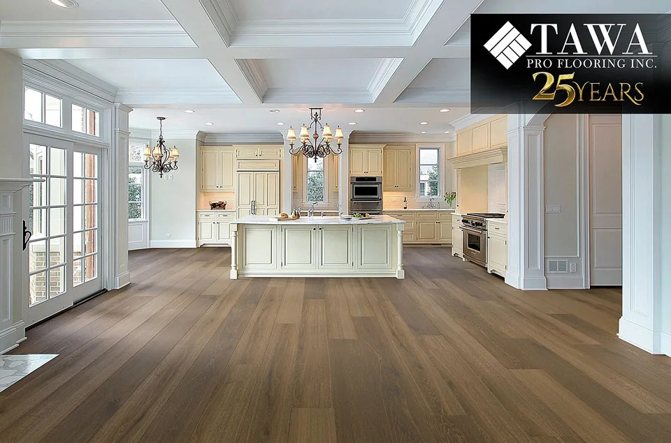 Open kitchen wood floor promotion in the TAWA Pro Flooring gallery