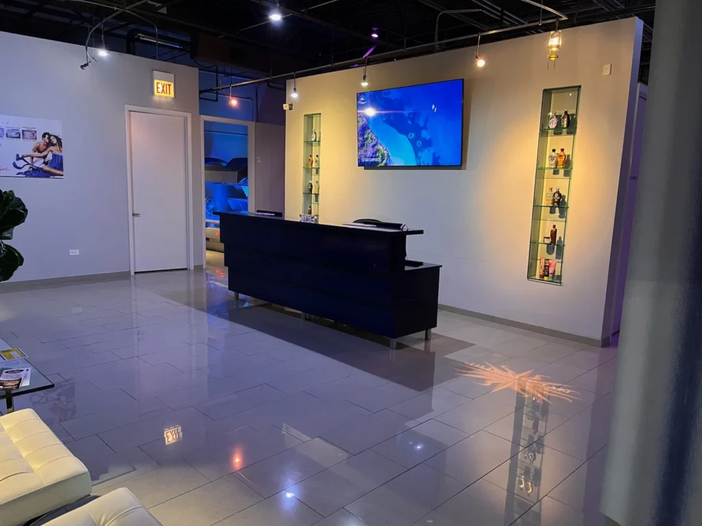 Reception counter with illuminated display shelves