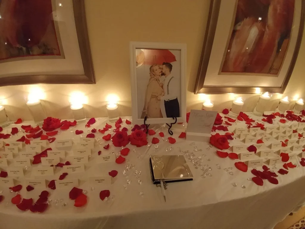 Bathroom rose petal display shown in the Venuti’s in Addison gallery