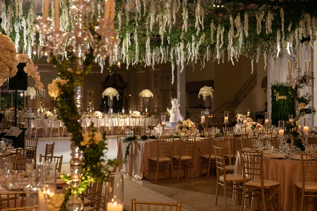 Hanging greenery reception room shown in the Venuti’s in Addison gallery