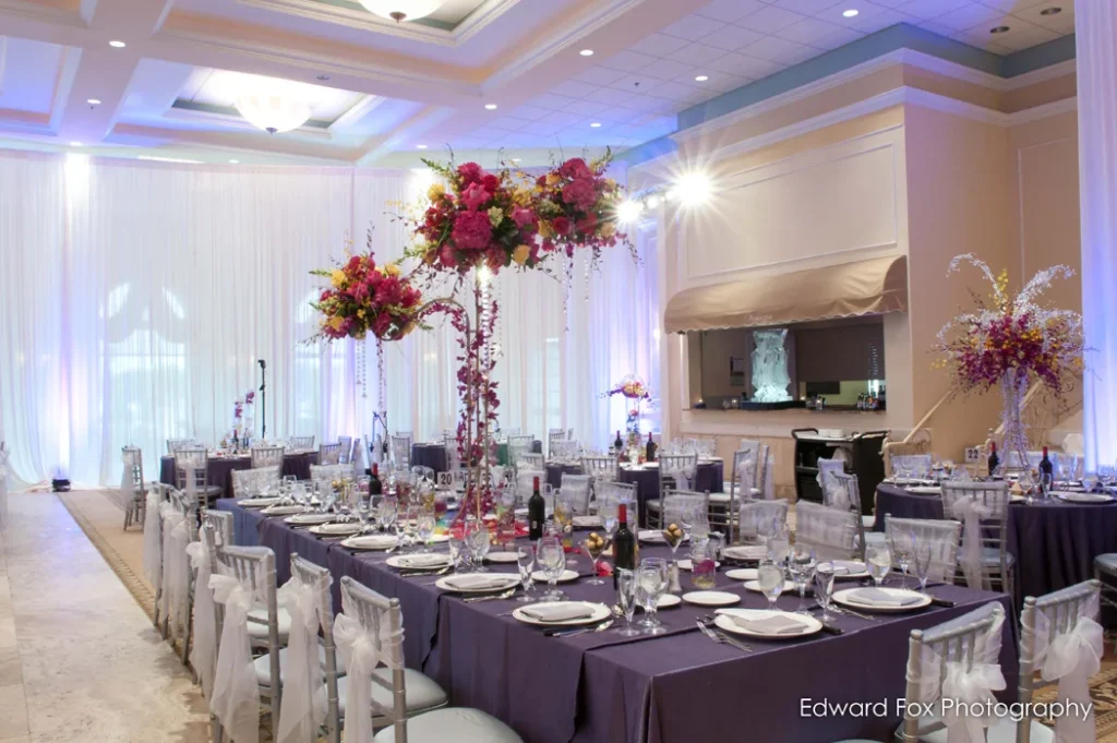 Long banquet table floral centerpieces shown in the Venuti’s in Addison gallery