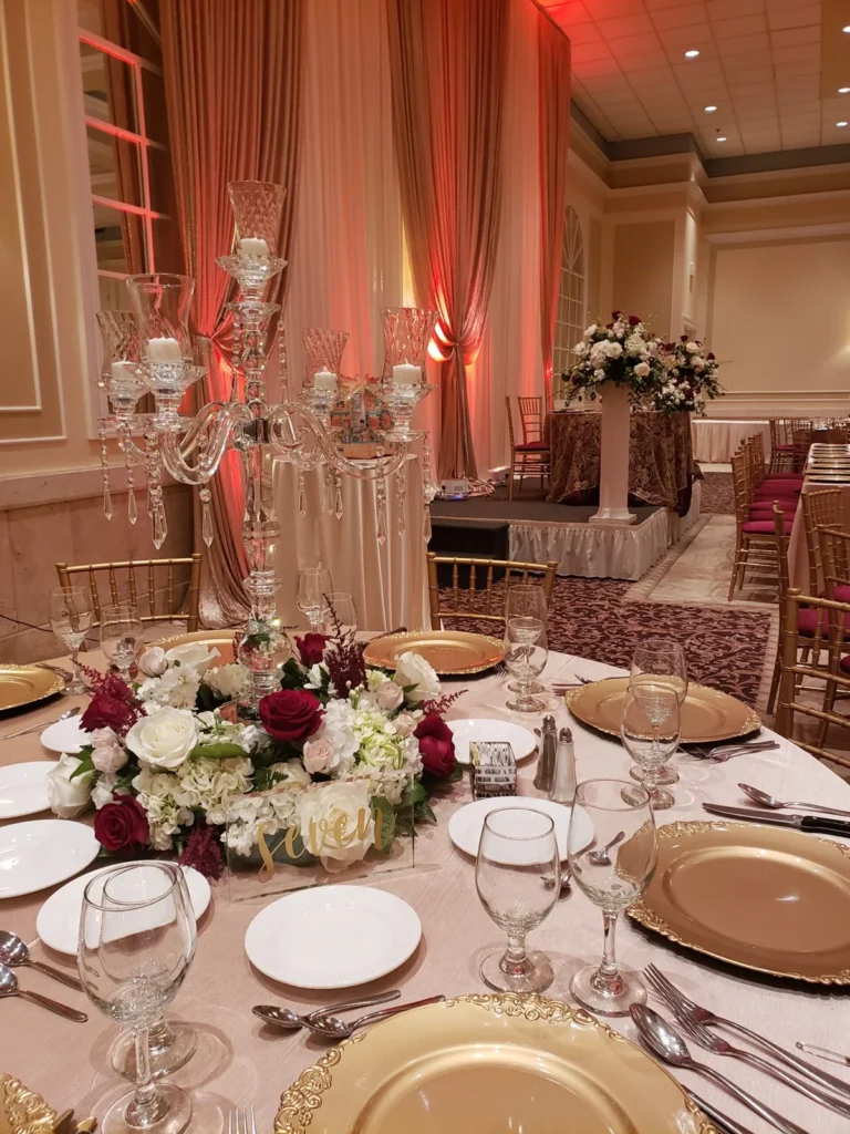 Pink lit table centerpiece shown in the Venuti’s in Addison gallery