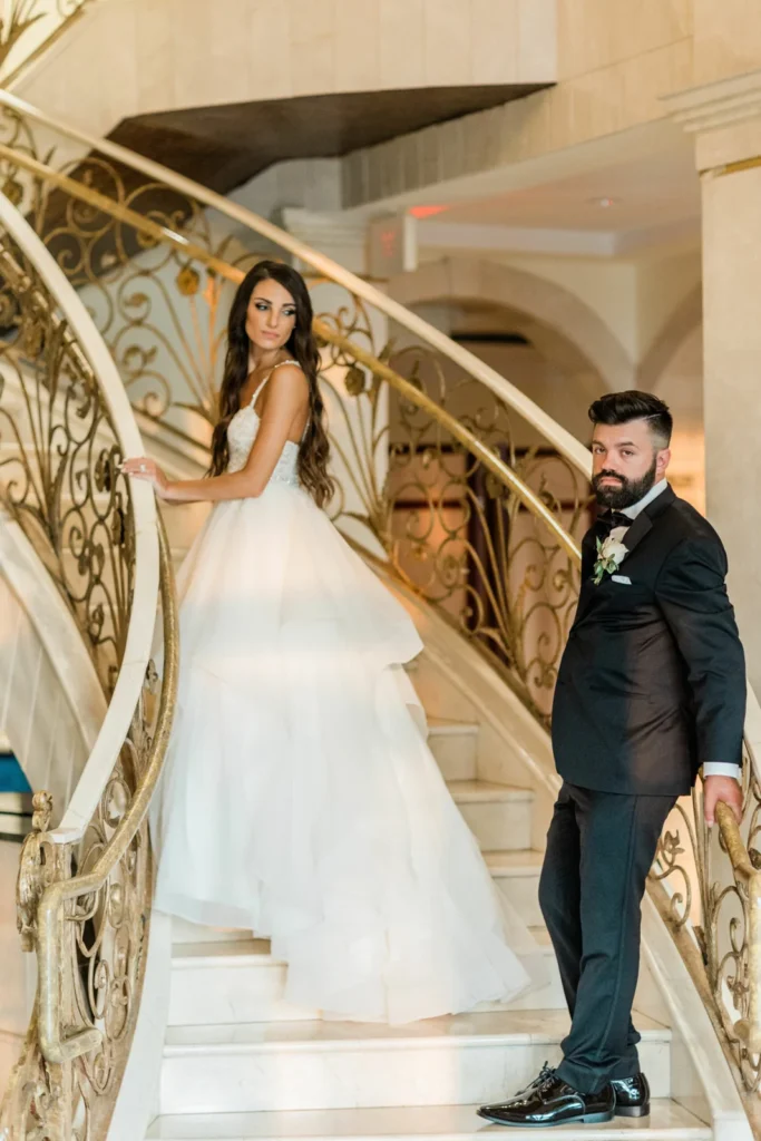 Wedding couple marble staircase shown in the Venuti’s in Addison gallery